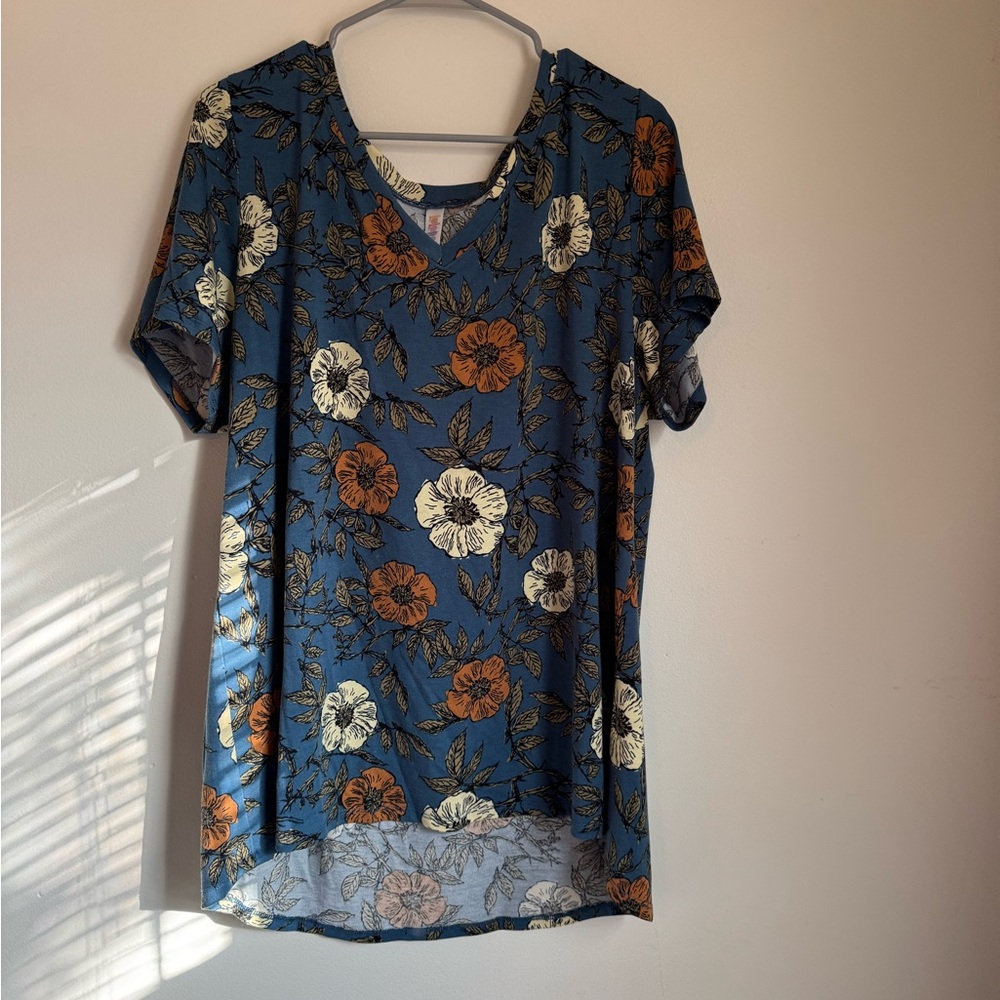 LuLaRoe Floral Short Sleeve Top - Blue and Orange